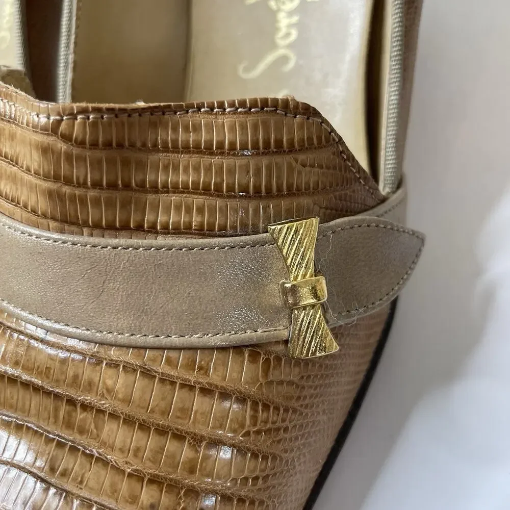 Agnes Sorel Size 6.5 Vintage Genuine Lizard High‎ Heels 90's Handmade Tan Brown